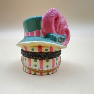 Vintage Ceramic Hinged Trinket Box Victorian Hat with Plume and Mini Hat Inside